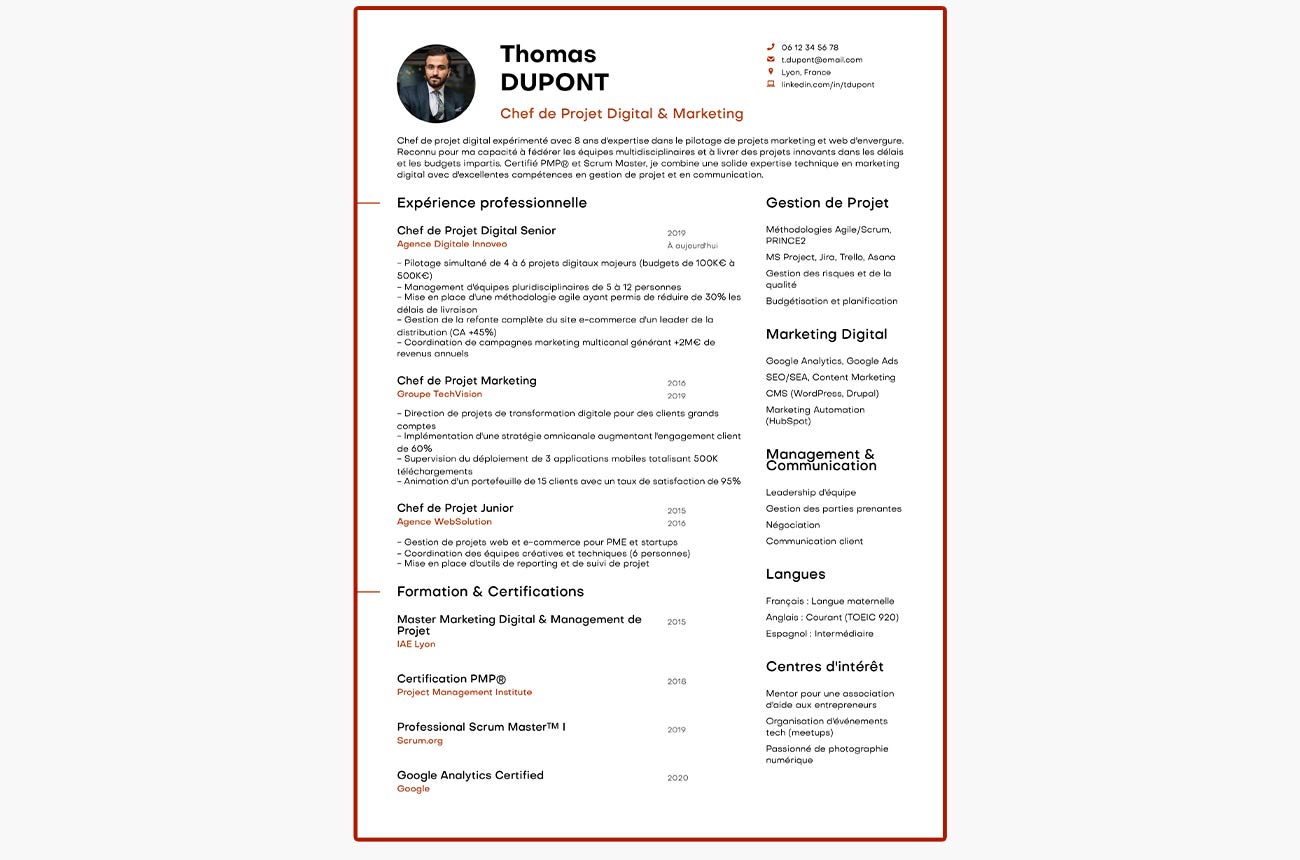 CV de Thomas Dupont, chef de projet